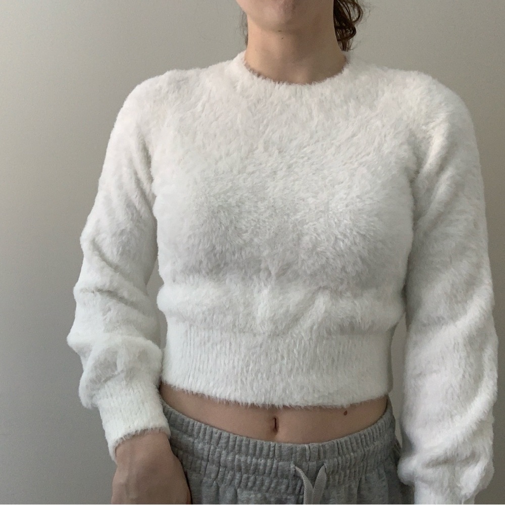 Sunday Best Fuzzy White Crew Neck Sweater